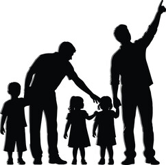 Silhouettes of adults guiding young children while pointing toward something in the distance, expressing family support, direction, learning, curiosity, unity, and togetherness