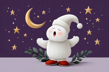 Obraz premium Cute fluffy character singing lullaby under night sky