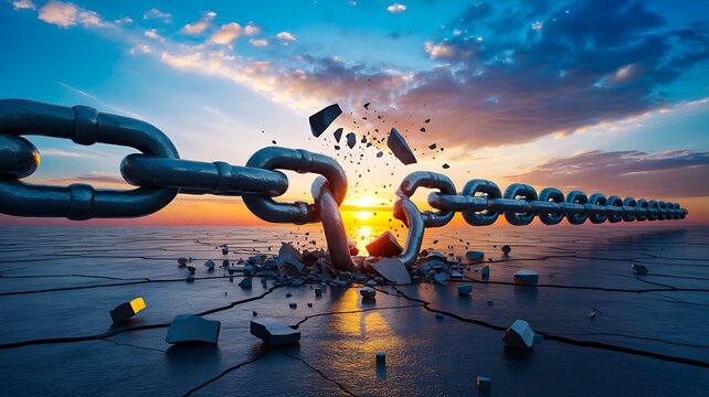 Broken chain link at sunset showing freedom and breaking limits
