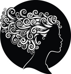 Woman with curly hair silhouette vector illustration black background eps