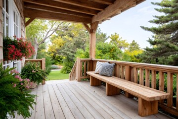 Obraz premium Wooden porch bench overlooking a lush green garden