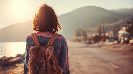 A woman walks along a serene coastal road during sunset. She carries a backpack and admires the beautiful landscape reflecting on her journey and connecting with nature.