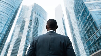 A man in a formal suit looks upward at towering glass skyscrapers. The sun reflects off the buildings highlighting their sleek design. The scene captures the essence of city life.