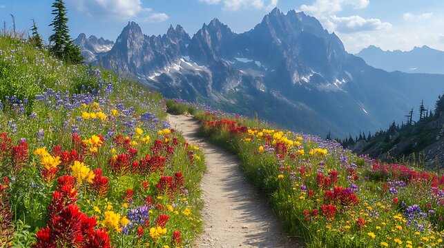 Stunning mountain trail lined with vibrant wildflowers beckons adventure seekers to explore nature's beauty and find peace in the great outdoors