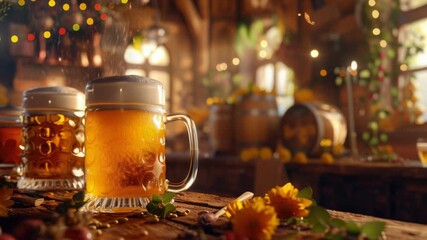 Video A wooden table with two mugs of beer, perfect for a casual gathering or party