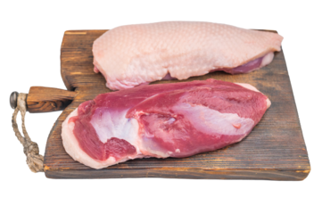 Plucked duck steak fillets arranged on white backdrop great for gourmet recipes cooking preparation and high quality food stock content.