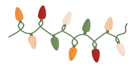 Colorful string of Christmas lights. Festive glowing decoration for holiday design, seasonal illustration, and winter celebration scenes