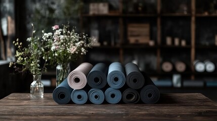 Serene yoga studio setting showcasing a stack of rolled mats with rustic interior elements