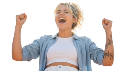 Happy woman celebrating success, fists raised, isolated on transparent background