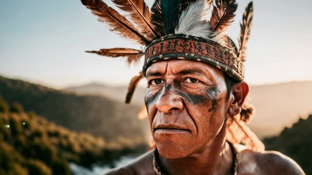 An indigenous man standing proudly in a scenic landscape capturing heritage dignity environmental connection and ancestral strength