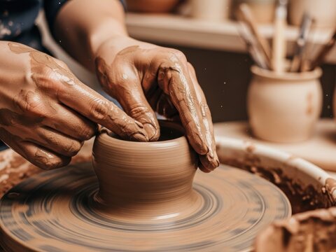 Potter Shaping Clay on Pottery Wheel in Workshop