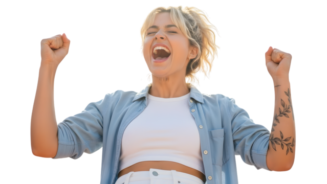 Happy woman celebrating success, fists raised, isolated on transparent background