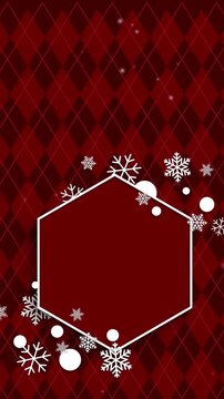 Central hexagon empty frame with white snowflakes and circles around on red argyle pattern. Loop animation. Vertical video.