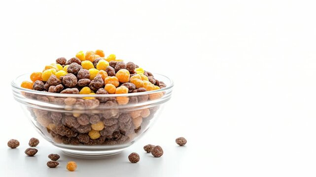 Video A transparent glass bowl filled with sweetened cereal and plump raisins