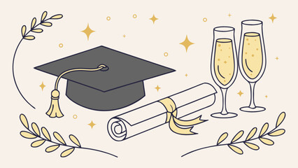 Graduation celebration illustration featuring academic cap, rolled diploma, and champagne glasses, symbolizing educational achievement, success, and future accomplishments.