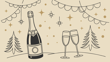 Festive outline illustration with a champagne bottle, two glasses, winter trees, garlands, and sparkling elements on a warm background, perfect for new year and christmas celebrations