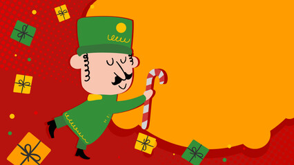 Christmas background with nutcracker and gifts, copy space - banner, background, poster - vector illustration