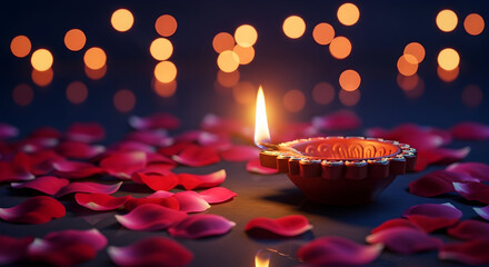 A glowing diya lamp with a flame surrounded by scattered rose petals, casting a warm light against a backdrop of blurred bokeh lights