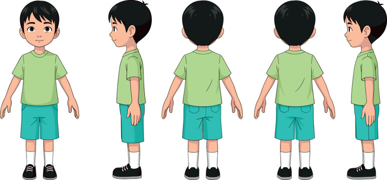 Cute cartoon boy character turnaround sheet showing five orthographic views: front, side, three-quarter, and back view, perfect for game asset creation and animation vector.