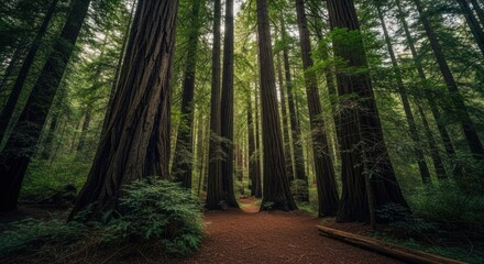 Fototapeta premium Sunlit Redwood Forest Path with Towering Ancient Trees and Lush Undergrowth