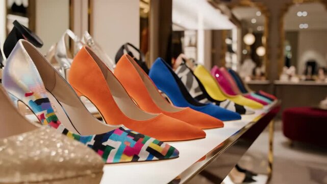 Elegant high heel shoe collection displayed in retail store fashion