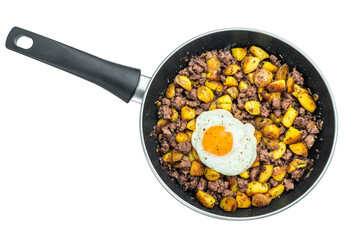 Classic beef hash with fried potatoes and sunny egg in skillet on white background ideal for breakfast, hearty meals and cooking visuals.