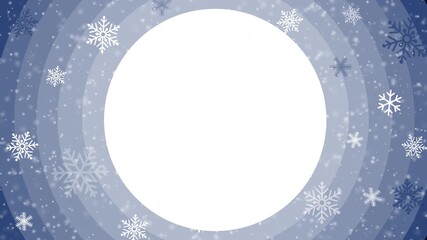 White circle surrounded by concentric blue rings and snowflakes. Subtle snowfall effect. Empty space for text. Winter border. Loop animation.
