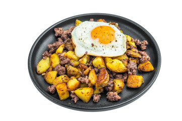 Beef hash with crispy potatoes, ground beef and sunny egg on black plate over light background perfect for rustic cooking and comfort meals.