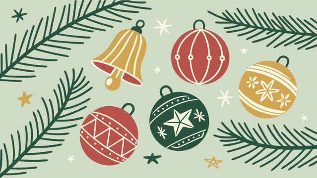 Hand-drawn christmas holiday festive doodle illustration featuring colorful ornaments, golden bell, and pine branches, creating a cozy season greeting card background art.