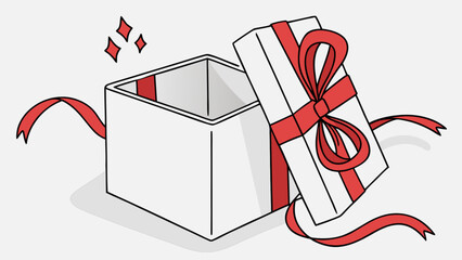 Open gift box illustration with vibrant red ribbon and elegant bow, revealing an empty interior, symbolizing surprise, opportunity, a new beginning, or a special reveal.