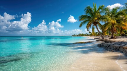 Bright turquoise water gently laps at the shore where soft sand meets tall palm trees on a warm sunny day. Fluffy white clouds dot the vibrant blue sky above.