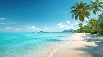 Warm sun shines on a tropical beach where soft waves lap the shore. Tall palm trees sway gently in the breeze creating a peaceful atmosphere for relaxation.