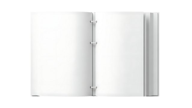 Open white binder with blank pages, isolated on transparent background