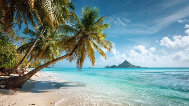 Bright sunlight reflects off the clear blue water at a tropical beach lined with swaying palm trees. A picturesque small island is visible offshore creating a tranquil paradise. - Powered by Adobe