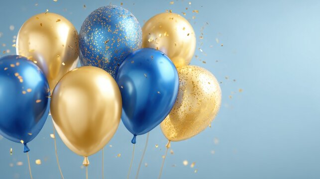 Colorful balloons in shades of blue and gold with glitter are arranged together preparing for a festive occasion. The bright colors enhance the joyful mood of any celebration. - Powered by Adobe