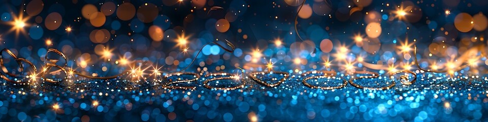Panoramic Sparkle And Bokeh Lights On Dark Blue Background