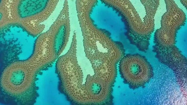 Explore the stunning patterns and colors of coral reefs from above as bright blue waters mingle with lush green hues in a tropical paradise. This breathtaking location captures nature's beauty.