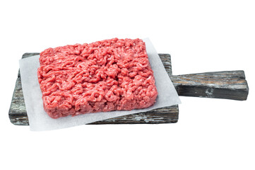 Detailed raw forcemeat on rustic board with parchment on bright surface ideal for culinary protein, nutrition and ingredient stock use.