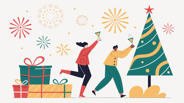 Joyful couple celebrating winter holidays with a decorated christmas tree, festive gifts, and sparkling fireworks, enjoying the new year's eve party vibe.