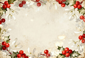 Watercolor Christmas border with holly and mistletoe on a vintage paper background. Festive holiday frame with copy space for text