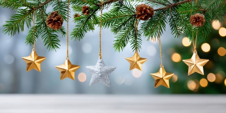 Christmas tree branch decorating with golden star ornaments - Powered by Adobe
