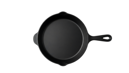 Empty cast iron frying pan, top view, isolated on transparent background