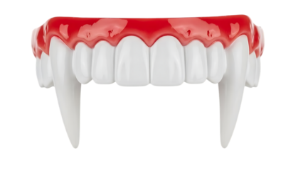Vampire fangs with red blood on gums, isolated on transparent background