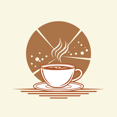 Minimalist graphic illustration featuring a steaming cup of coffee or tea on a saucer, set against an abstract brown circular design, ideal for beveragerelated branding and decor