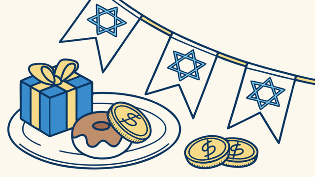Hanukkah celebration illustration featuring a gift box, traditional donut, golden gelt coins, and star of david flags for the jewish holiday.