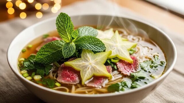 Delicious hot noodle soup with fresh mint star fruit and sliced beef warm meal comfort food cuisine