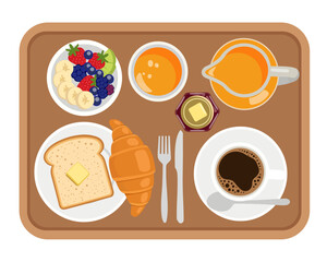 Breakfast Tray with Bacon, Eggs, Pancakes, Croissant, Cereal, Milk and Coffee – Top View Vector