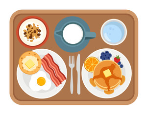 Breakfast Tray with Bacon, Eggs, Pancakes, Croissant, Cereal, Milk and Coffee – Top View Vector