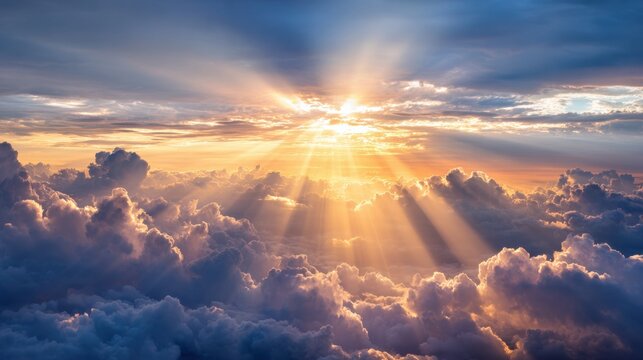 Bright rays of sunlight emerge from behind fluffy clouds at sunset casting warm colors across the sky. The scene offers a serene view of nature's beauty inspiring a sense of peace. - Powered by Adobe