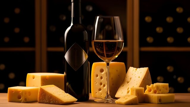 Dark bottle of white wine with cheese assortment and wine glass image - Powered by Adobe